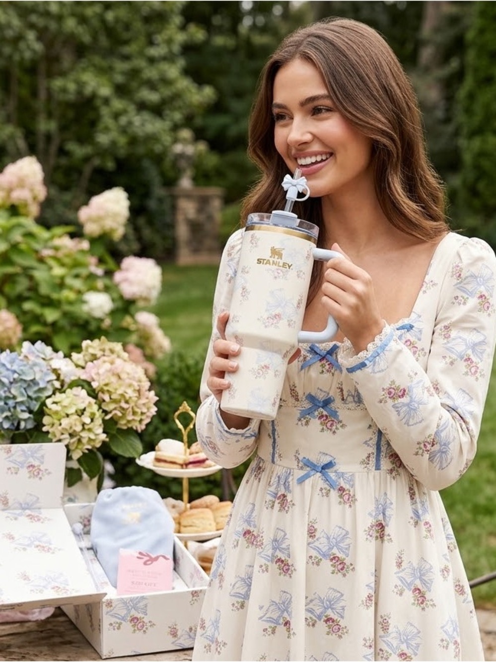 LoveShackFancy Cream Bow Floral Insulated Tumbler with Blue Accents